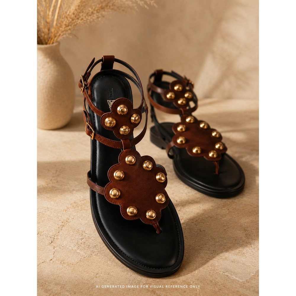 Studded Gladiator‎ Sandals Brown Size 8 Strappy Buckle Flat New NWT